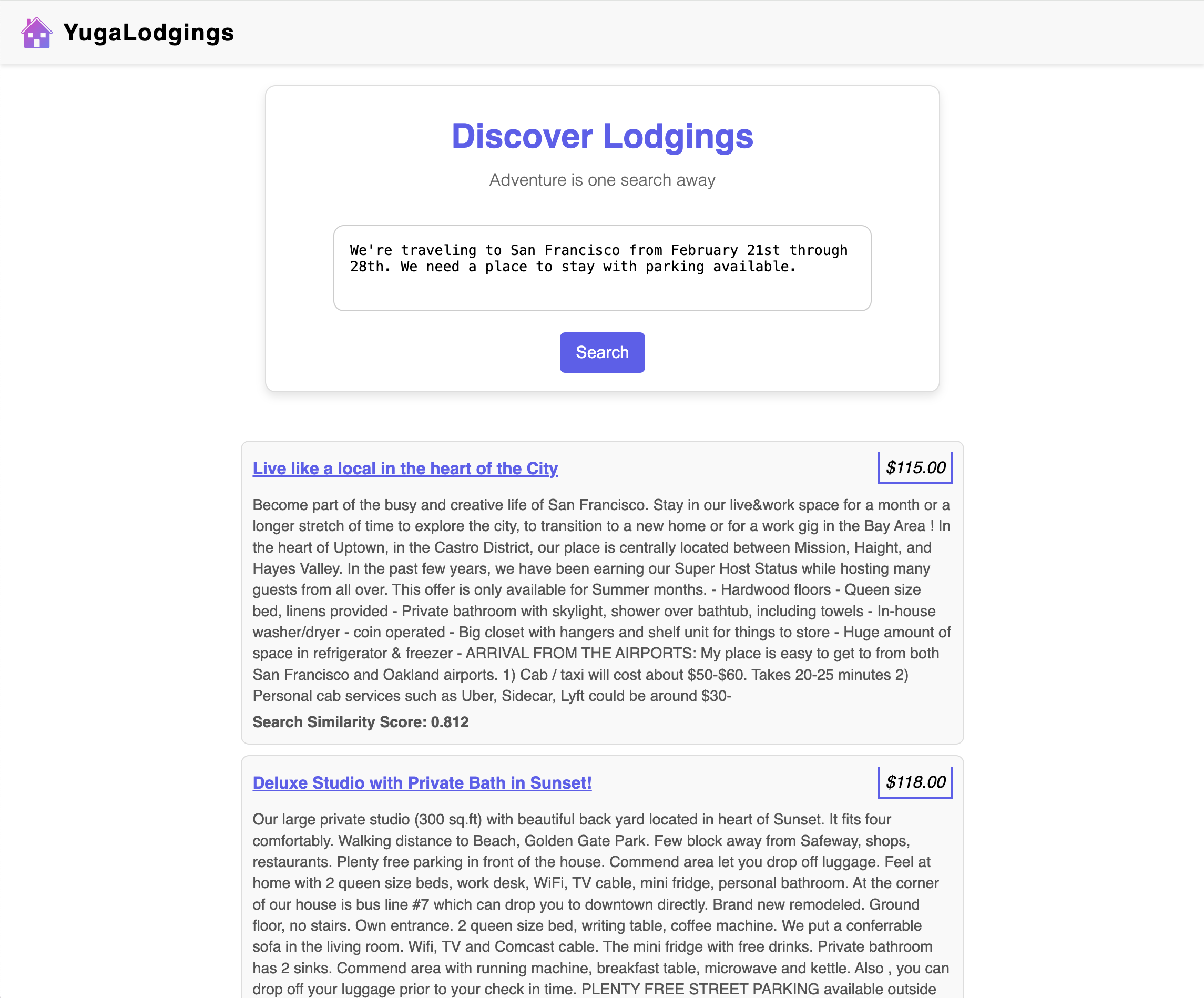 YugaLodgings Application Search Results YugaLodgings Application Search Results